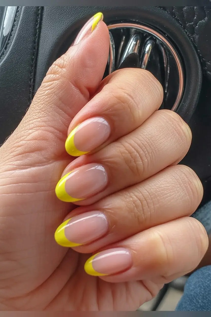 aesthetic spring almond nails 2026 Lemon Pop French on Sheer Blush Base