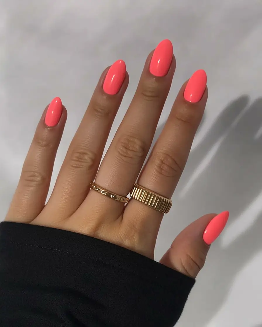 aesthetic spring almond nails 2026 High-Voltage Coral Almond