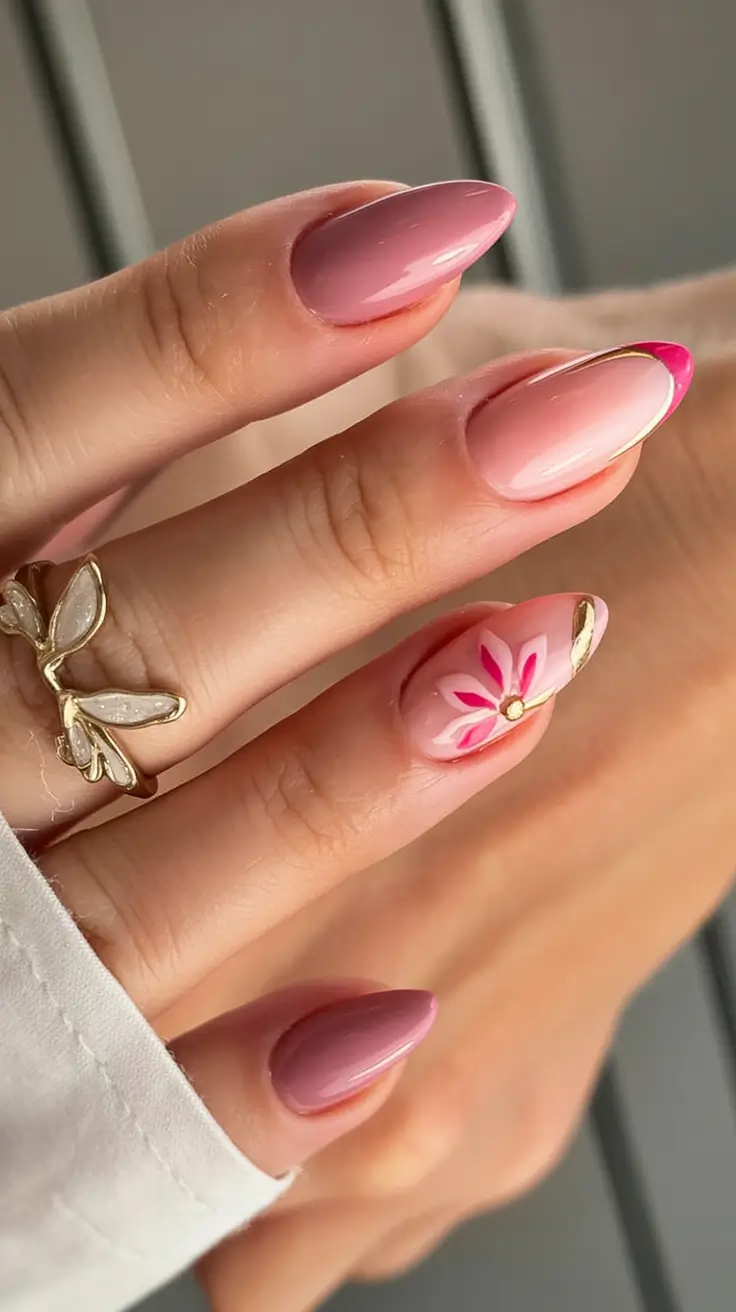 aesthetic spring almond nails 2026 Blush Ombre with Gold-Tipped Petal Accent