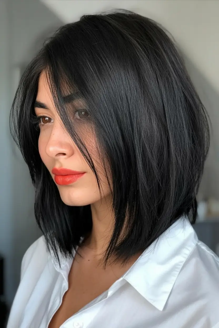 angled spring bob haircut ideas 2026 Dark-Tousled-Angled-Bob-with-Side-Swept-Ease