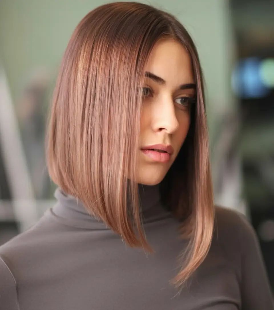 angled spring bob haircut ideas 2026 Sleek-Rose-Tinted-Angled-Lob