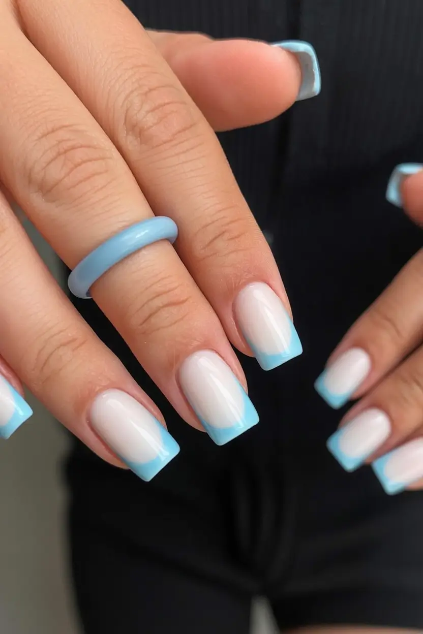 awesome spring french tip nails 2026 Blue-Tipped Square French Nails With a Cool Spring Vibe