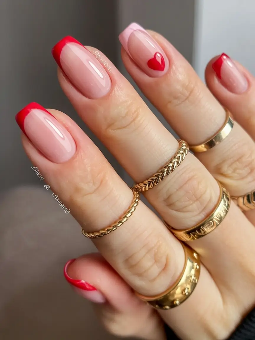 awesome spring french tip nails 2026 Romantic Red French Tips with a Sweet Heart Accent