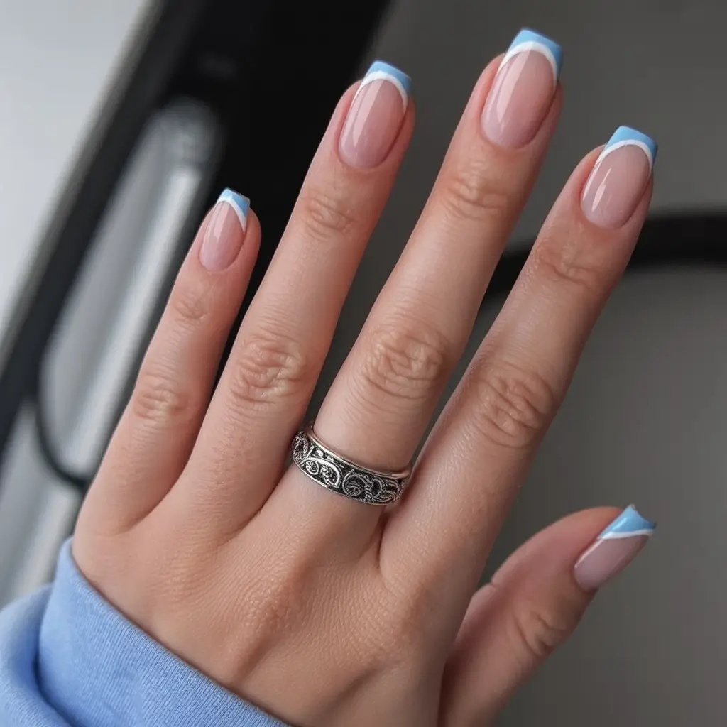 awesome spring french tip nails 2026 Sky-Blue French Tips with a Clean Double-Curve