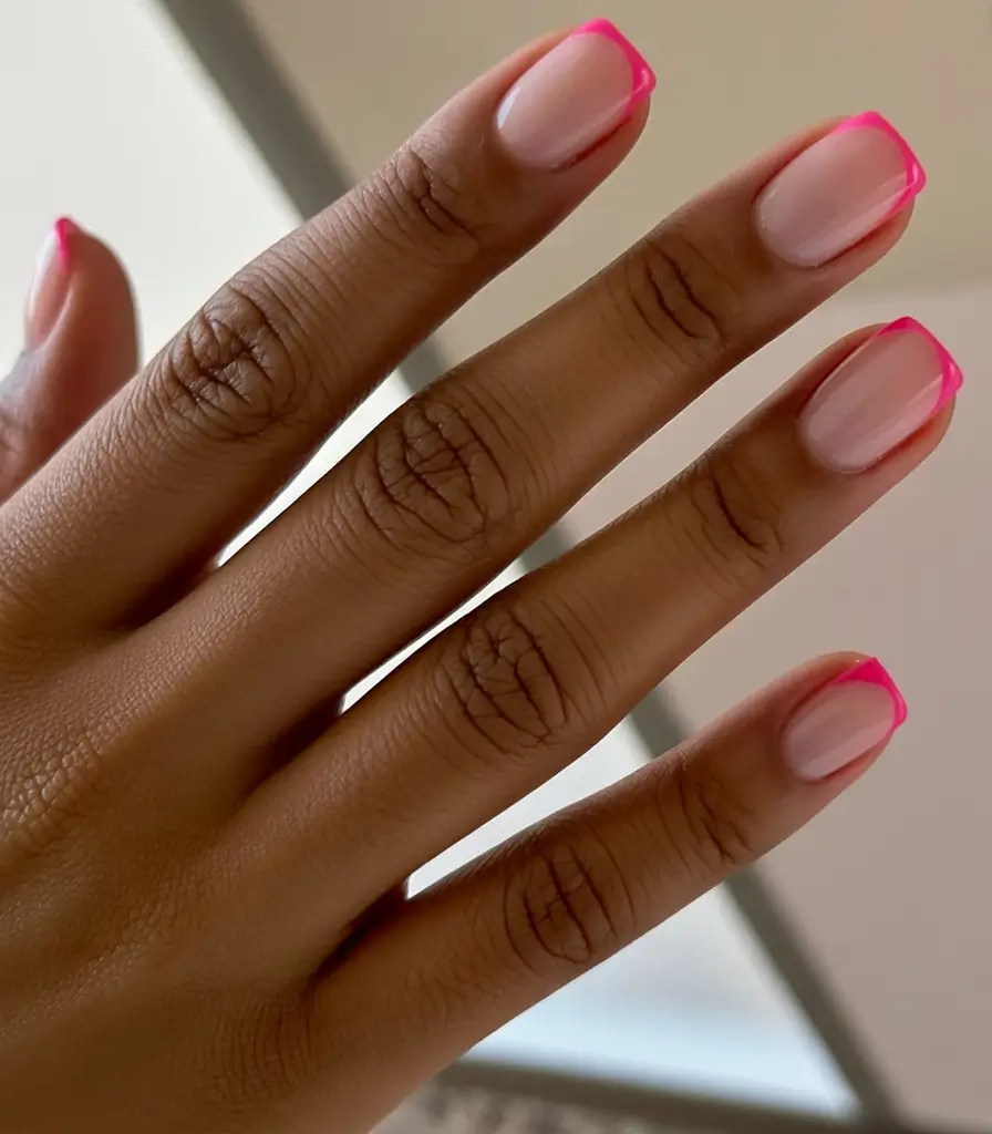 awesome spring french tip nails 2026 Short Neon-Pink Tips That Make Every Gesture Pop