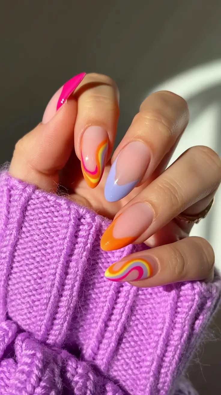 beautiful colorful spring nails 2026 Retro Groove Swirls