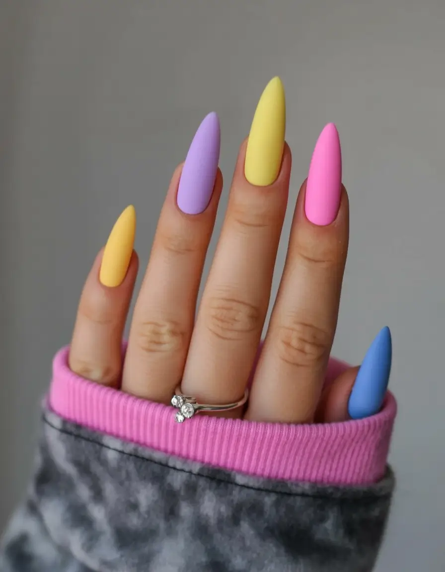 beautiful colorful spring nails 2026 Matte Almond Rainbow