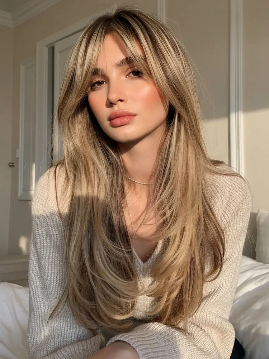 best light skin spring hair color 2026+Layered Butter Blonde with Curtain Bangs