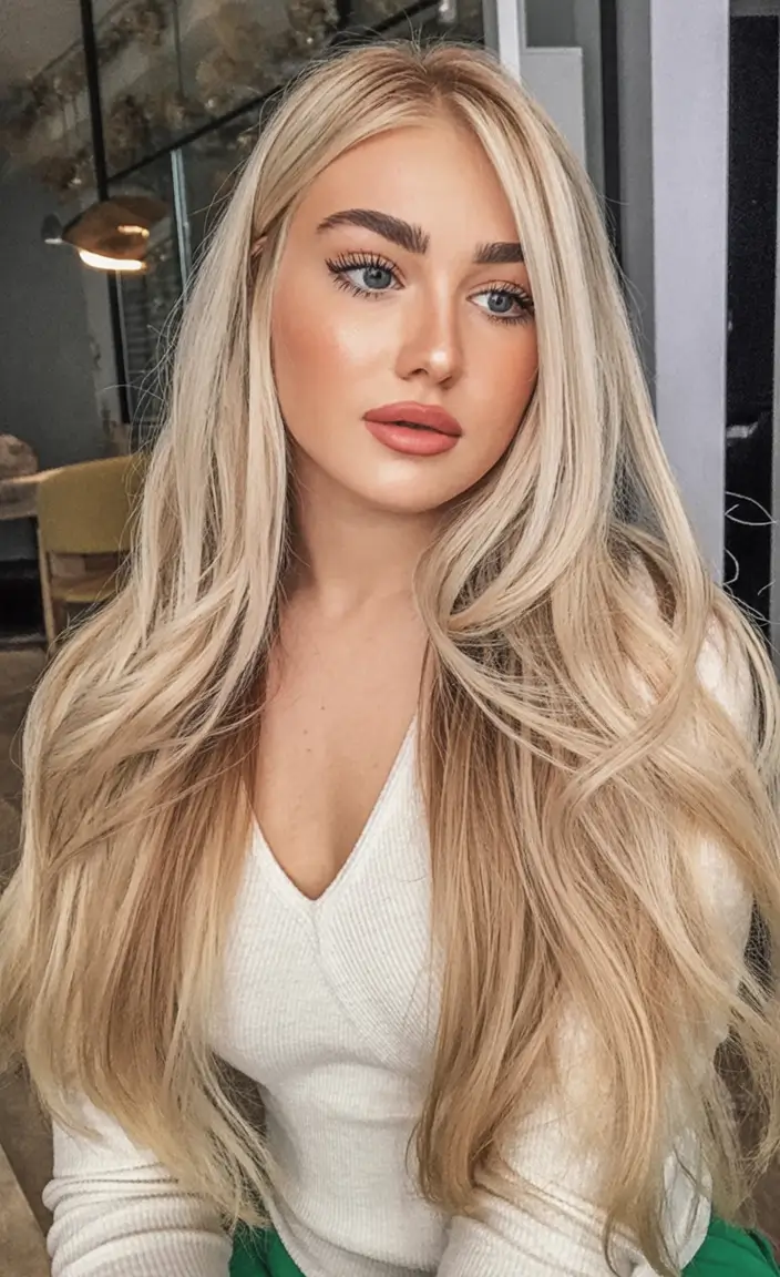 best light skin spring hair color 2026+Rooted Cream Blonde with Feathered Ends