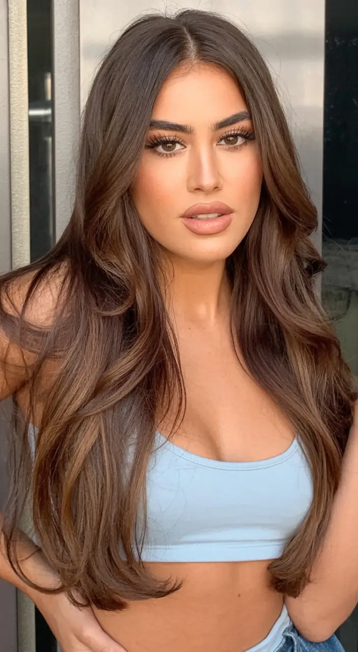 best light skin spring hair color 2026+Silky Auburn Brown with Full Glam