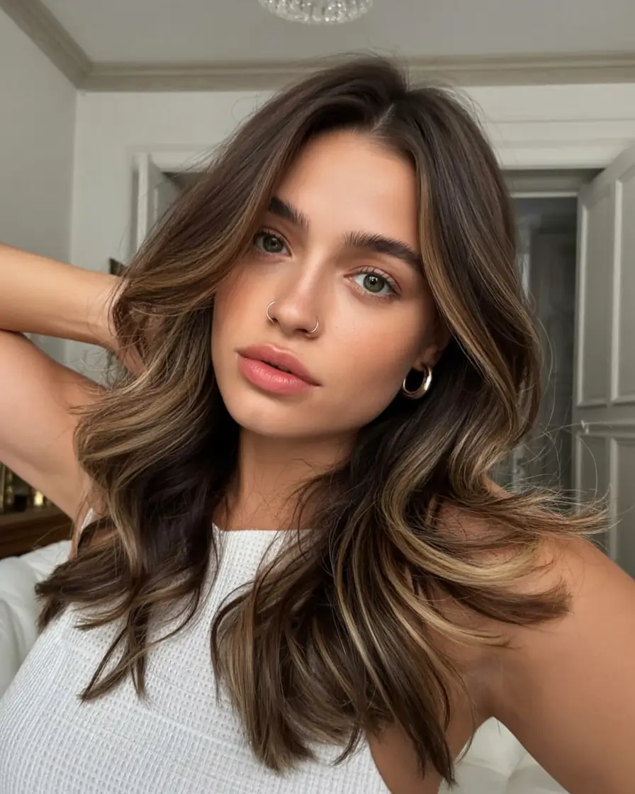 best light skin spring hair color 2026+Subtle Money Pieces in Creamy Espresso