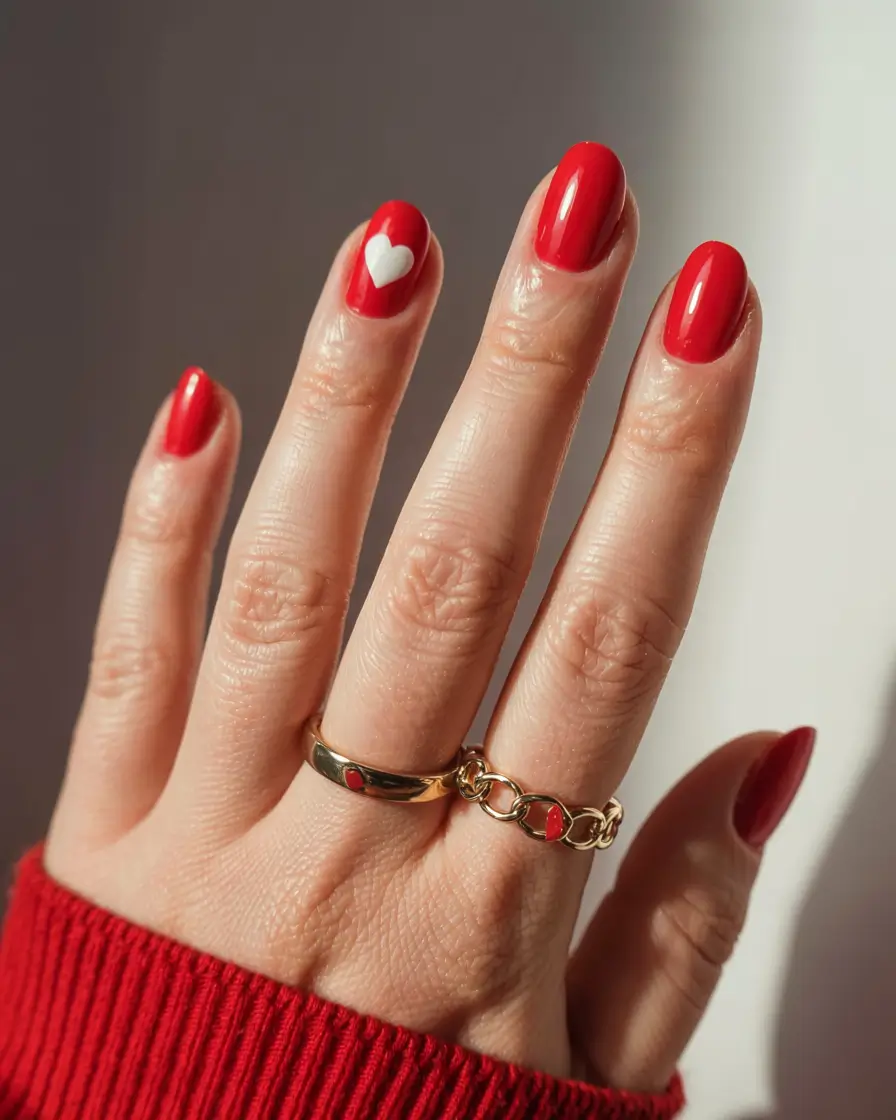 best red spring nails inspo 2026 Sweetheart Red with a Minimal Accent