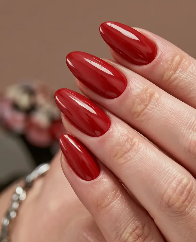 best red spring nails inspo 2026 Classic Poppy Red with Almond Precision