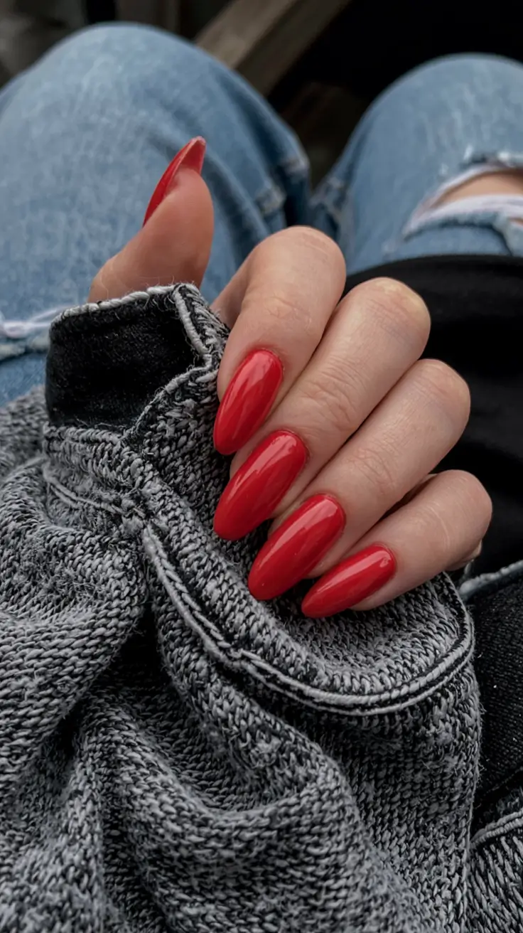 best red spring nails inspo 2026 Bold Spring Red with Long Almond Drama
