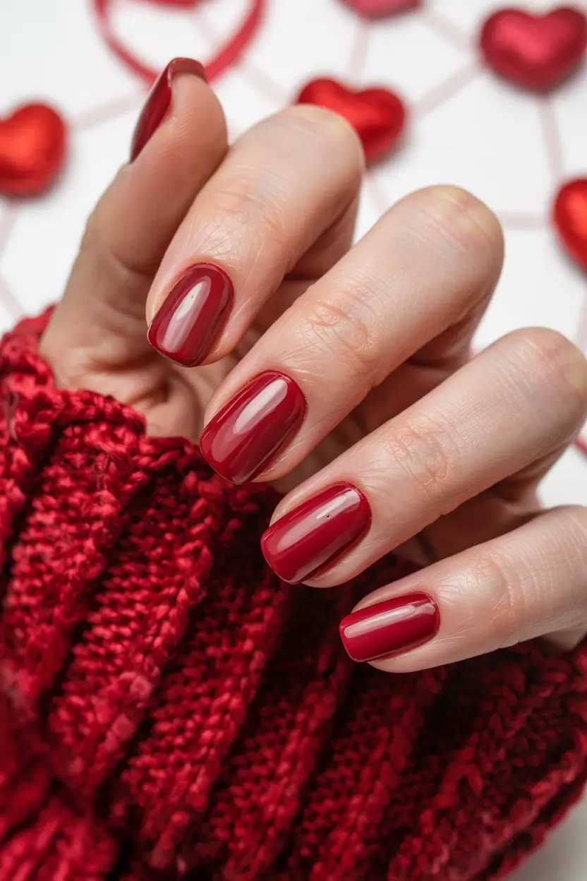 best red spring nails inspo 2026 Glossy Garnet Red on Chic Short Squares