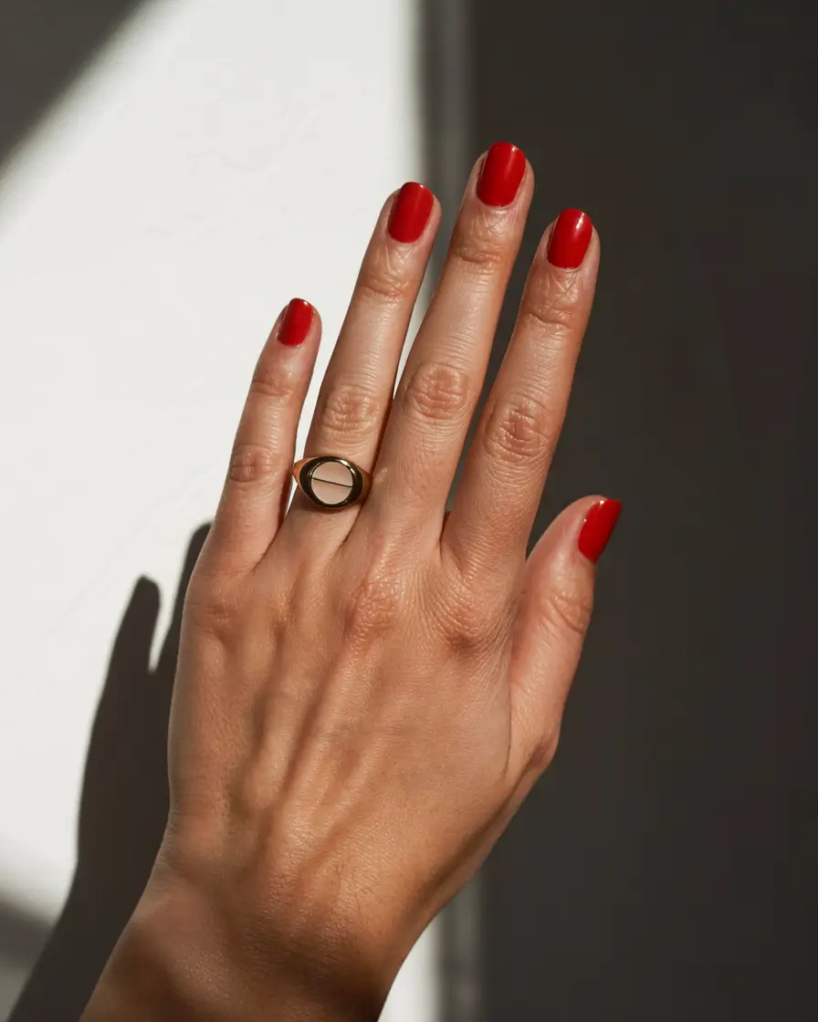 best red spring nails inspo 2026 Minimalist Crimson Glow in Soft Sunlight