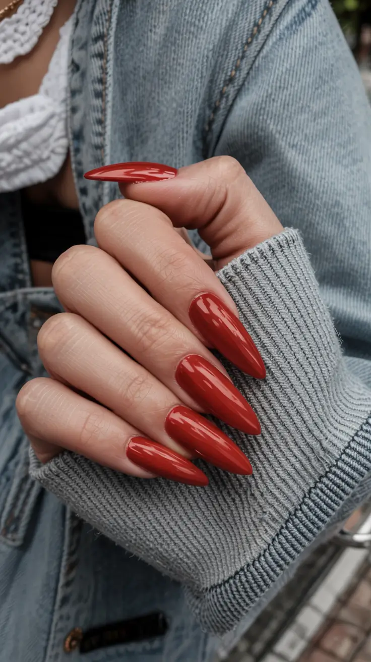 best red spring nails inspo 2026 Terracotta Stilettos with a Soft Edge