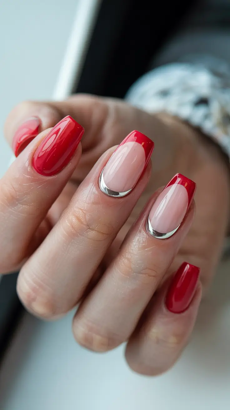 best red spring nails inspo 2026 Red Chrome French with Modern Silver Accents