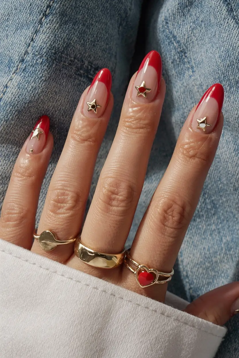best red spring nails inspo 2026 Star Studded Red French with Golden Details