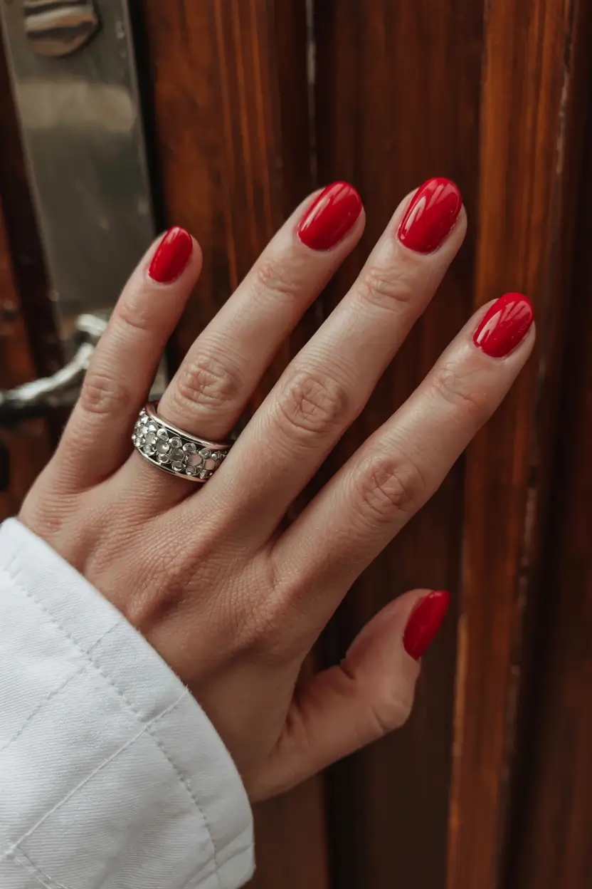 best red spring nails inspo 2026 Structured Scarlet on a Natural Canvas