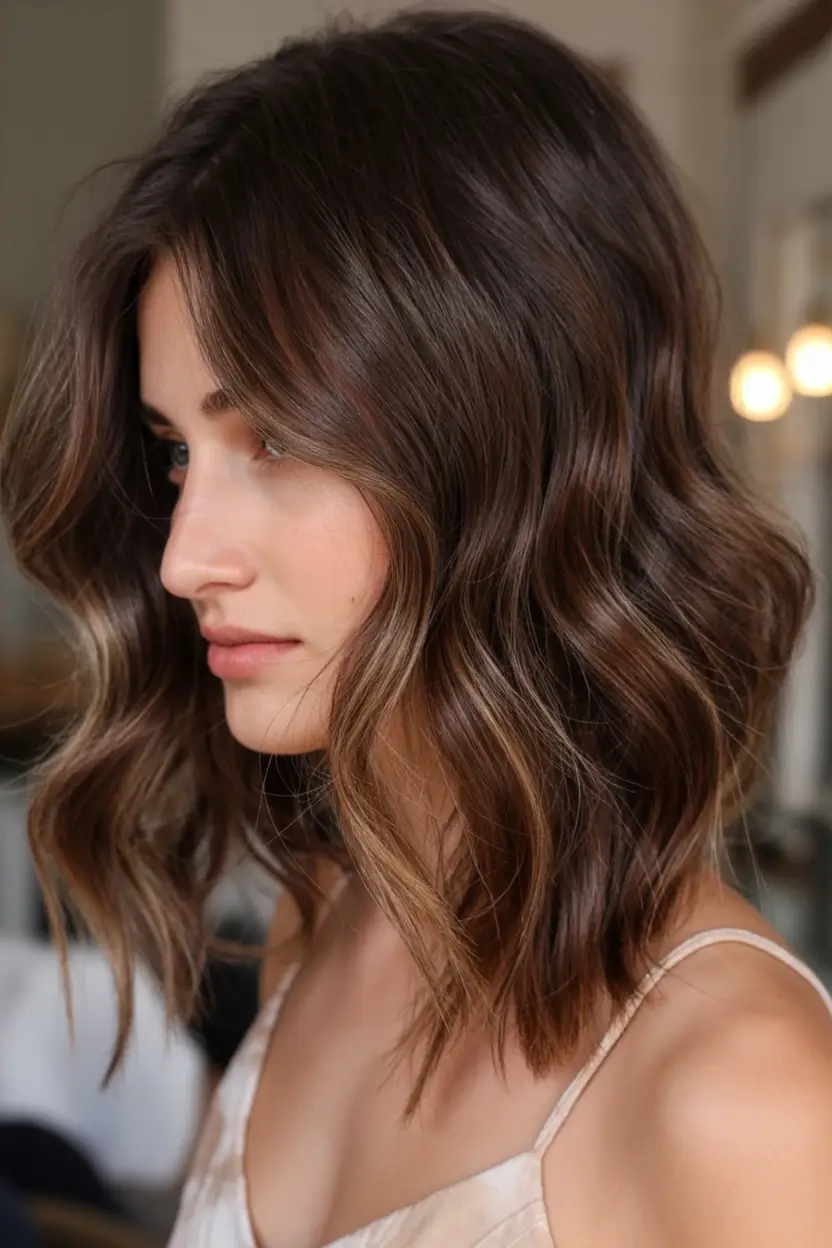 bold spring brown hair color for 2026+Silken Chocolate Lob with Luminous Balayage