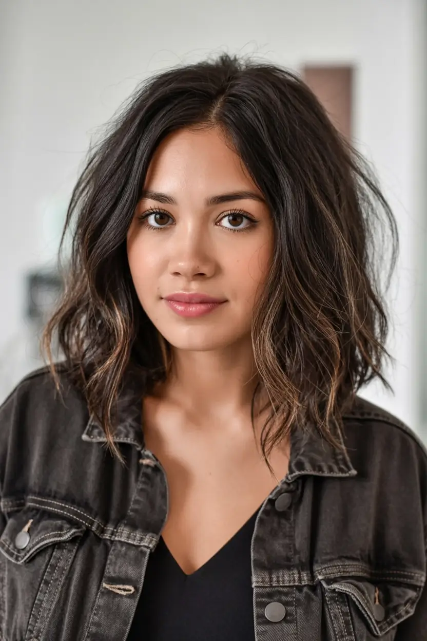 bold spring brown hair color for 2026+Tousled Lob with Cool-Warm Contrast