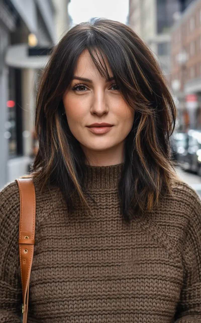 bold spring brown hair color for 2026+Feathered Brunette with Delicate Highlight Veils