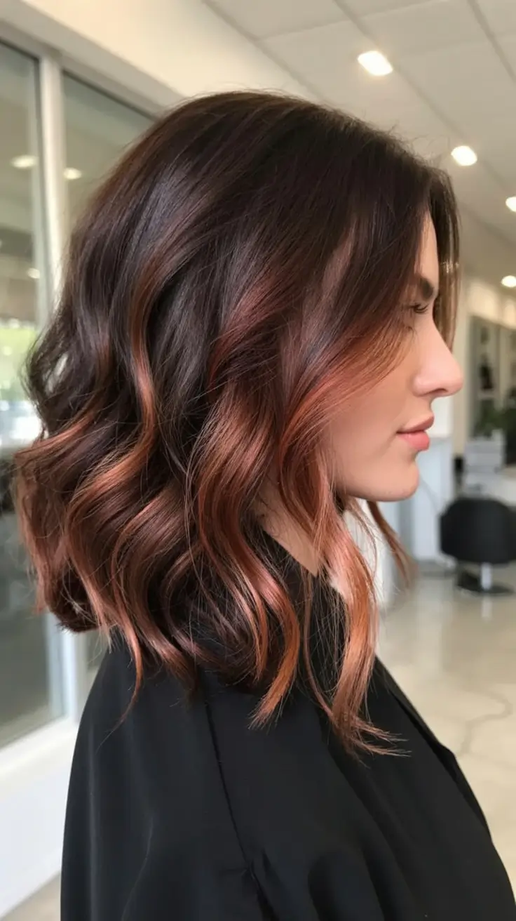 bold spring brown hair color for 2026+Rosy Chestnut Curls with Dimensional Ends