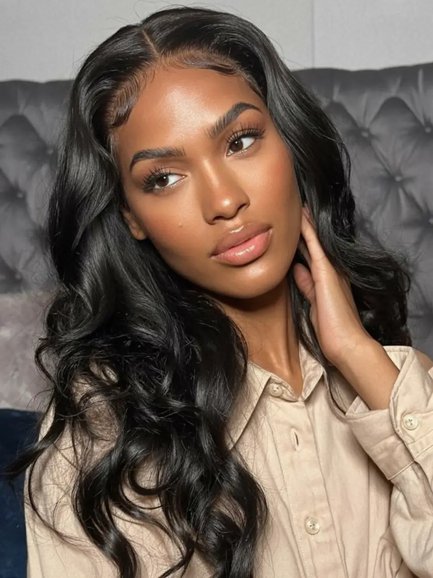 bold spring hair color for brown skin 2026 Jet-Black Glam Waves with Soft Contour Edges