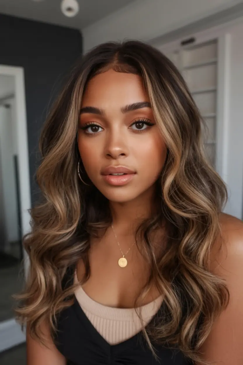 bold spring hair color for brown skin 2026 Hazelnut Balayage Glow with Soft Lived-In Ends