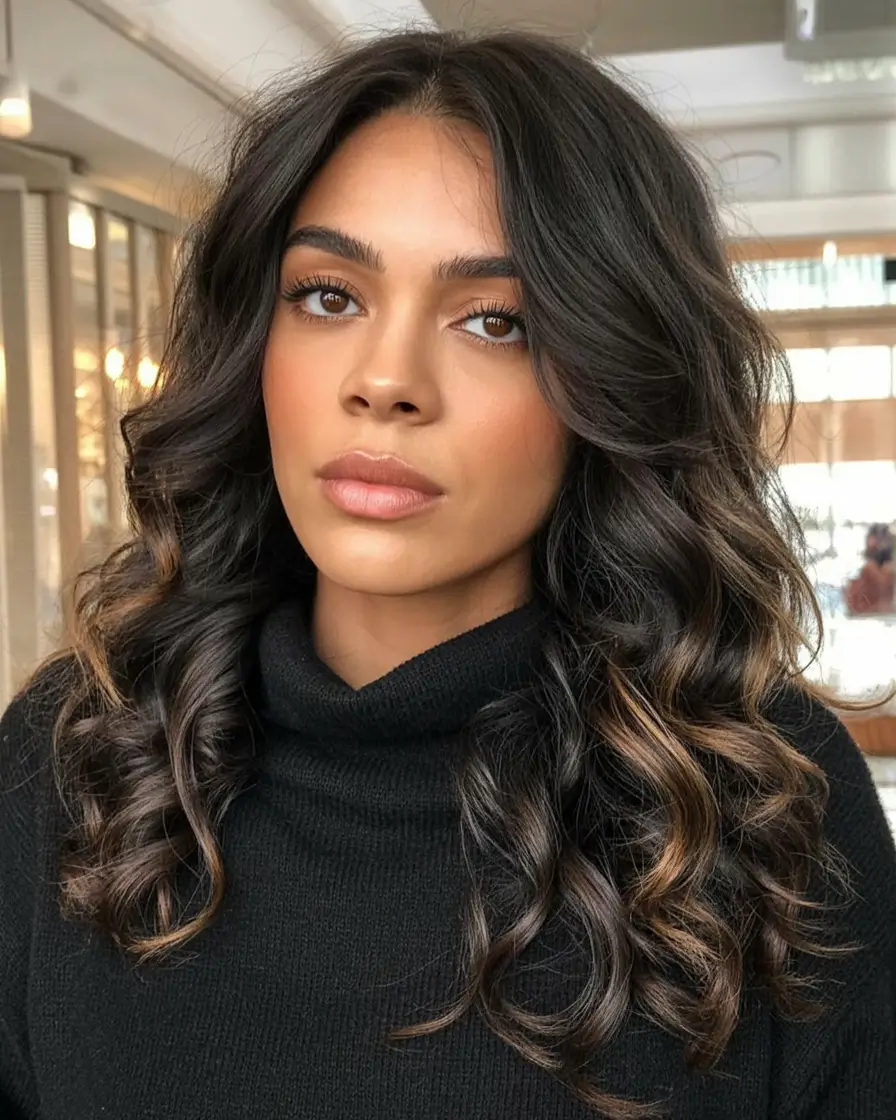 bold spring hair color for brown skin 2026 Bronze-Kissed Curls with Luminous Accents