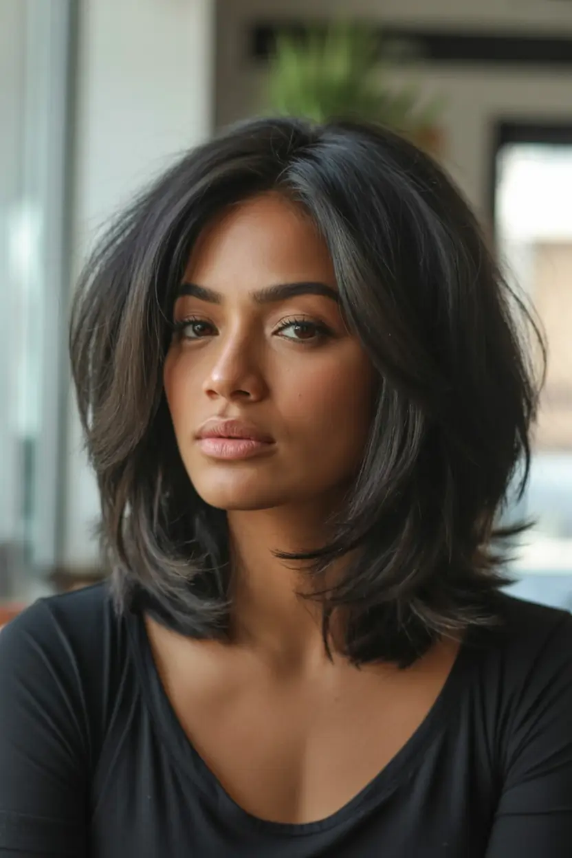 bold spring hair color for brown skin 2026 Voluminous Raven Layers with Airy Spring Movement