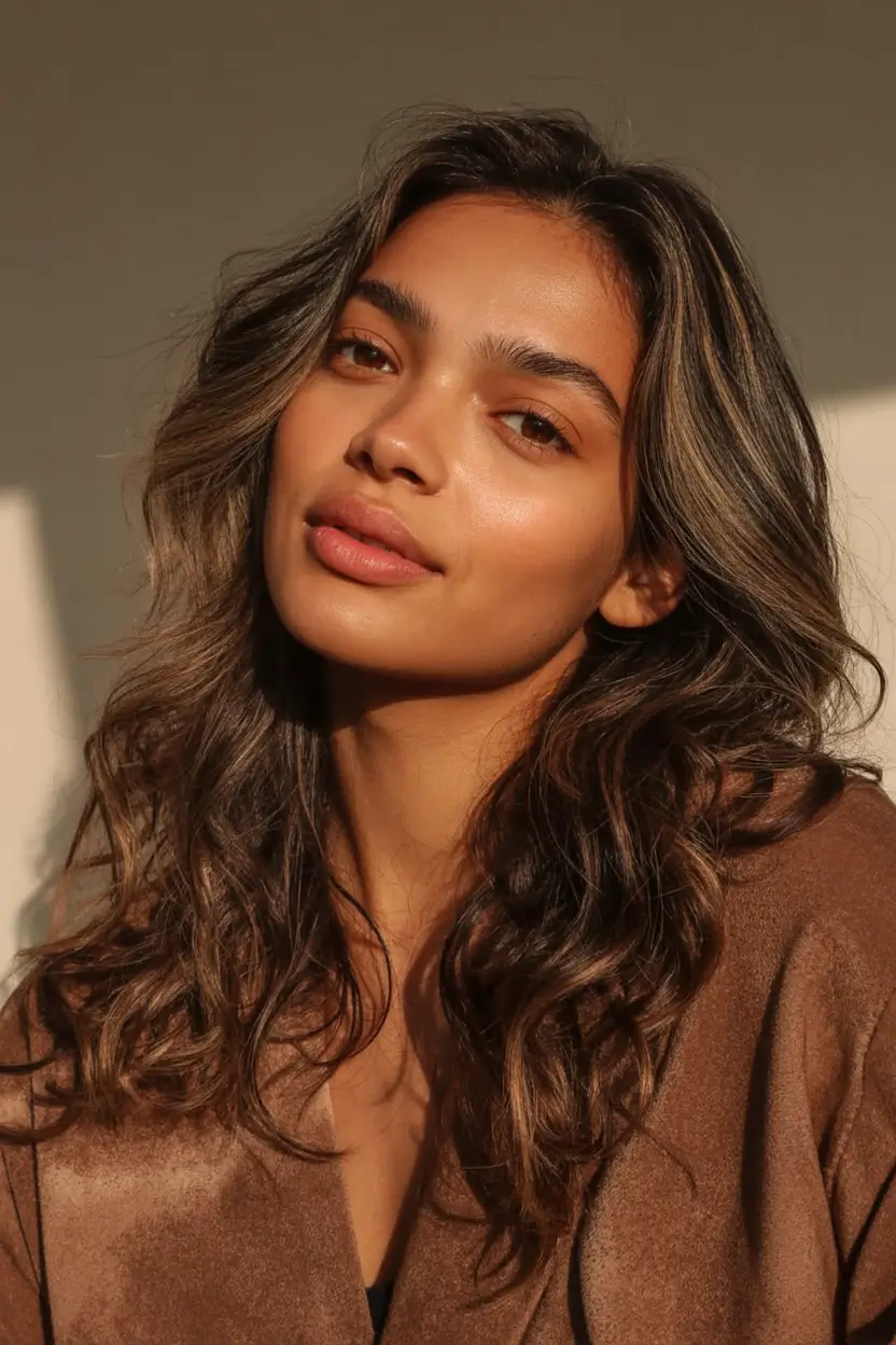 bold spring hair color for brown skin 2026 Sunlit Ash-Bronze Waves with Natural Glow