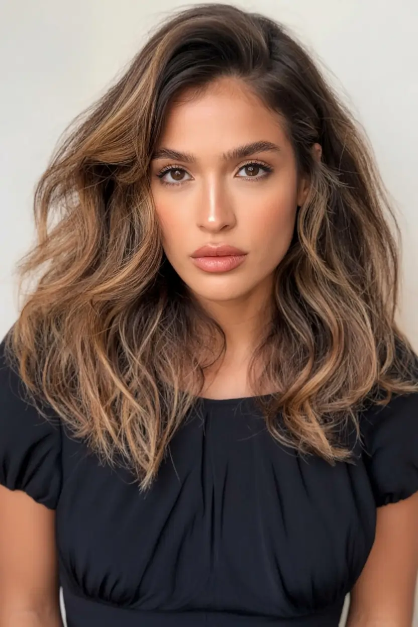 bold spring hair color for brown skin 2026 Rooted Sand-Brunette Waves with Air-Kissed Volume