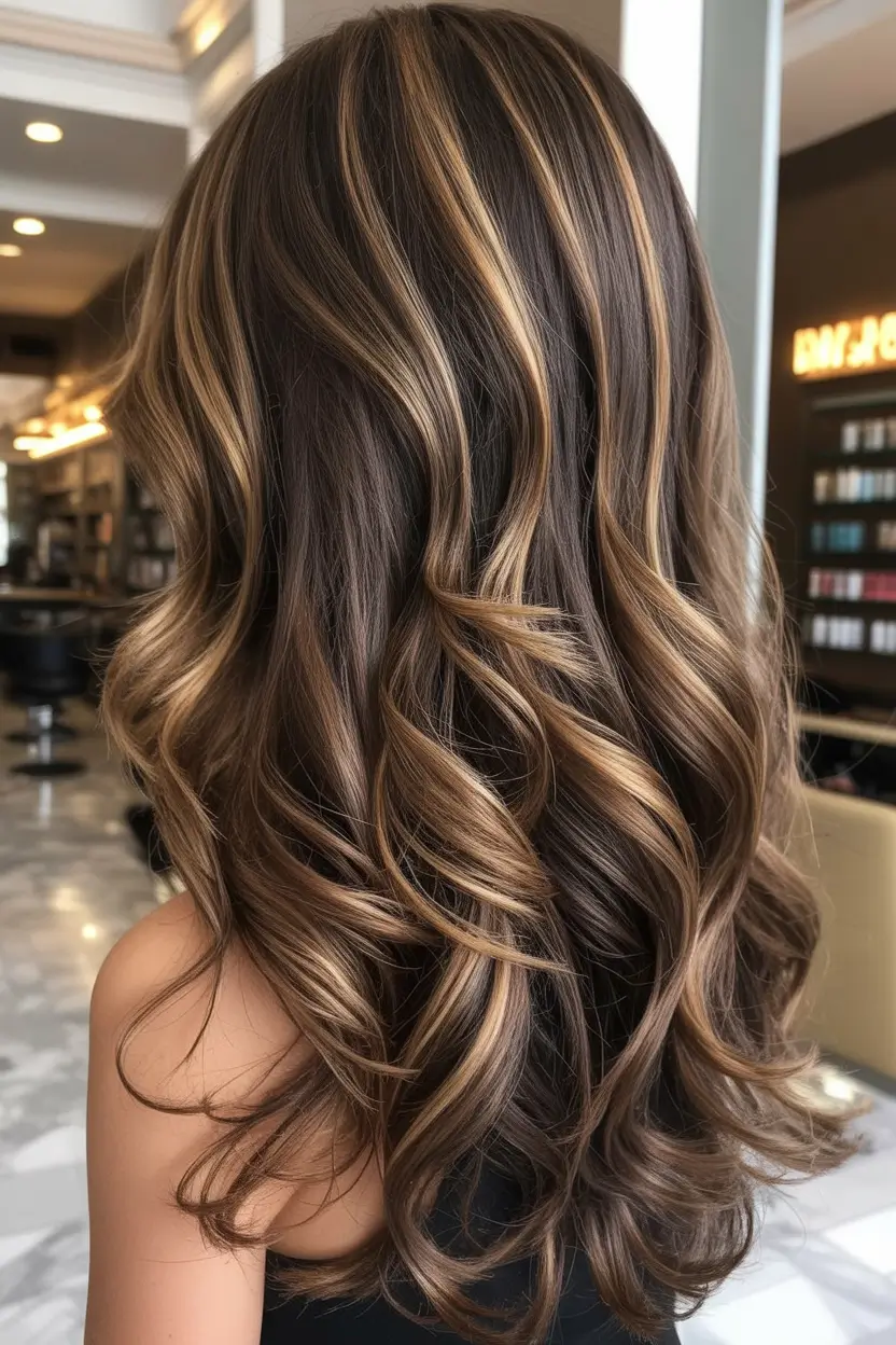 bold spring hair color for brown skin 2026 Golden Ribbon Highlights on Rich Brunette Waves