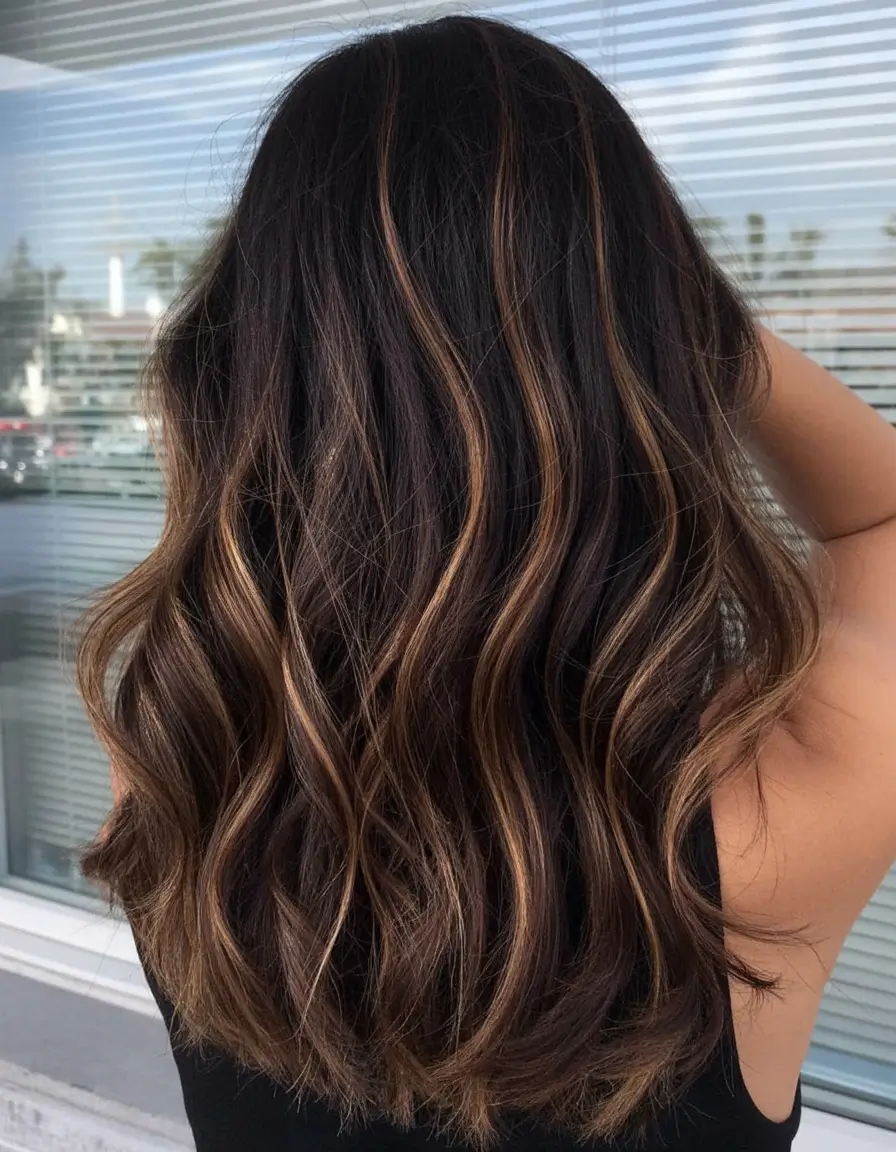 bold spring hair color for brown skin 2026 Soft Bronze Streaks on Dark Chocolate Lengths