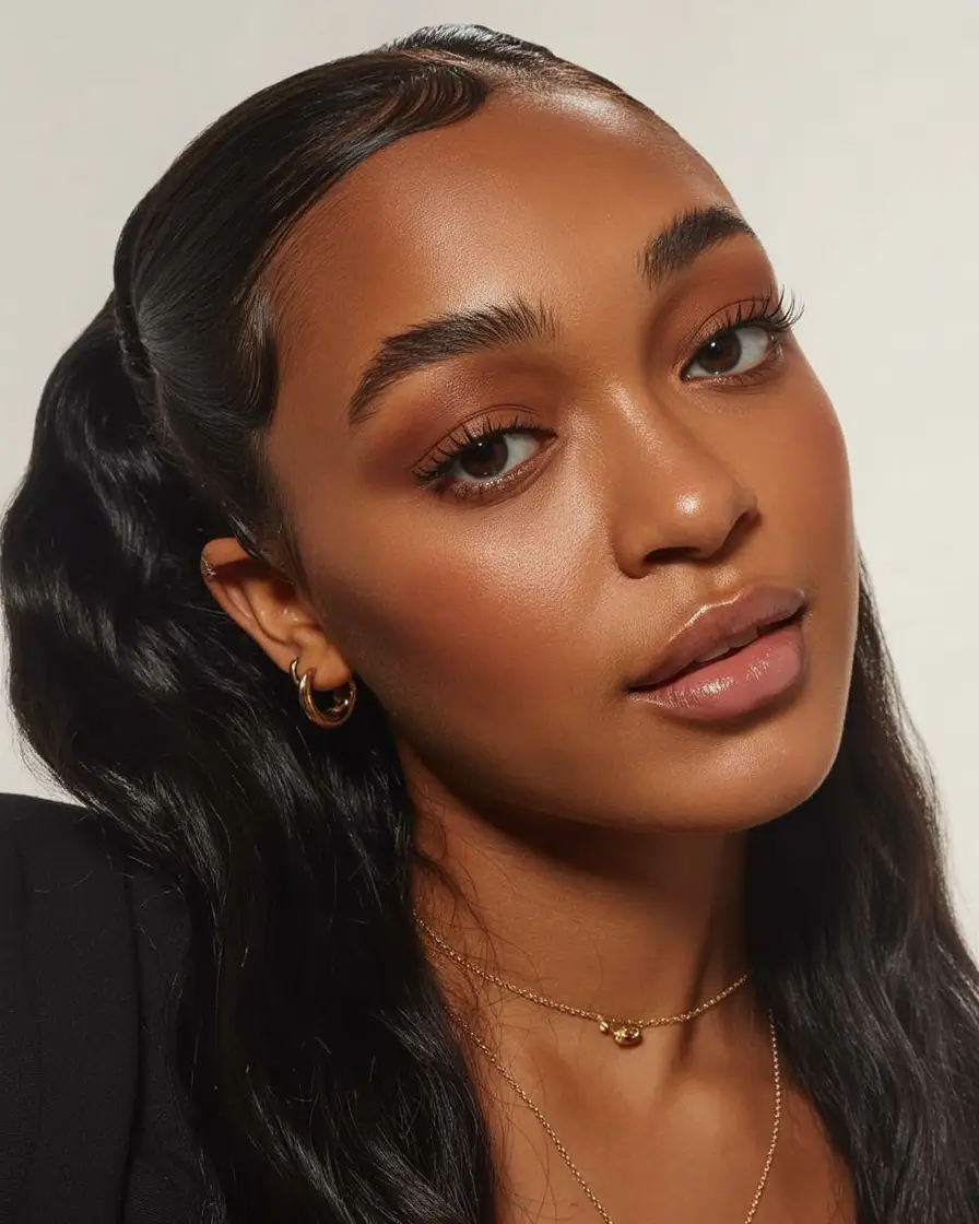 bold spring hair color for brown skin 2026 Sleek Glossy Jet Waves with Delicate Edge Styling