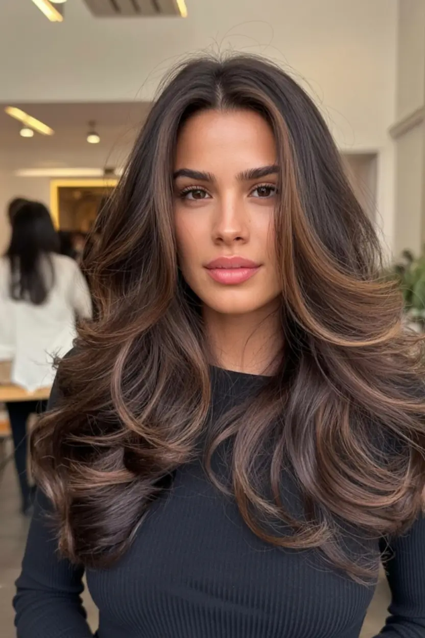 bold spring hair color for warm skin tone 2026 Warm Sable Layers with Feathered Movement