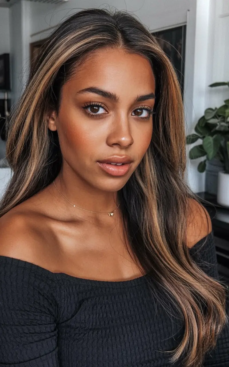 bold spring hair color for warm skin tone 2026 Caramel Contour Highlights on Sleek Lengths