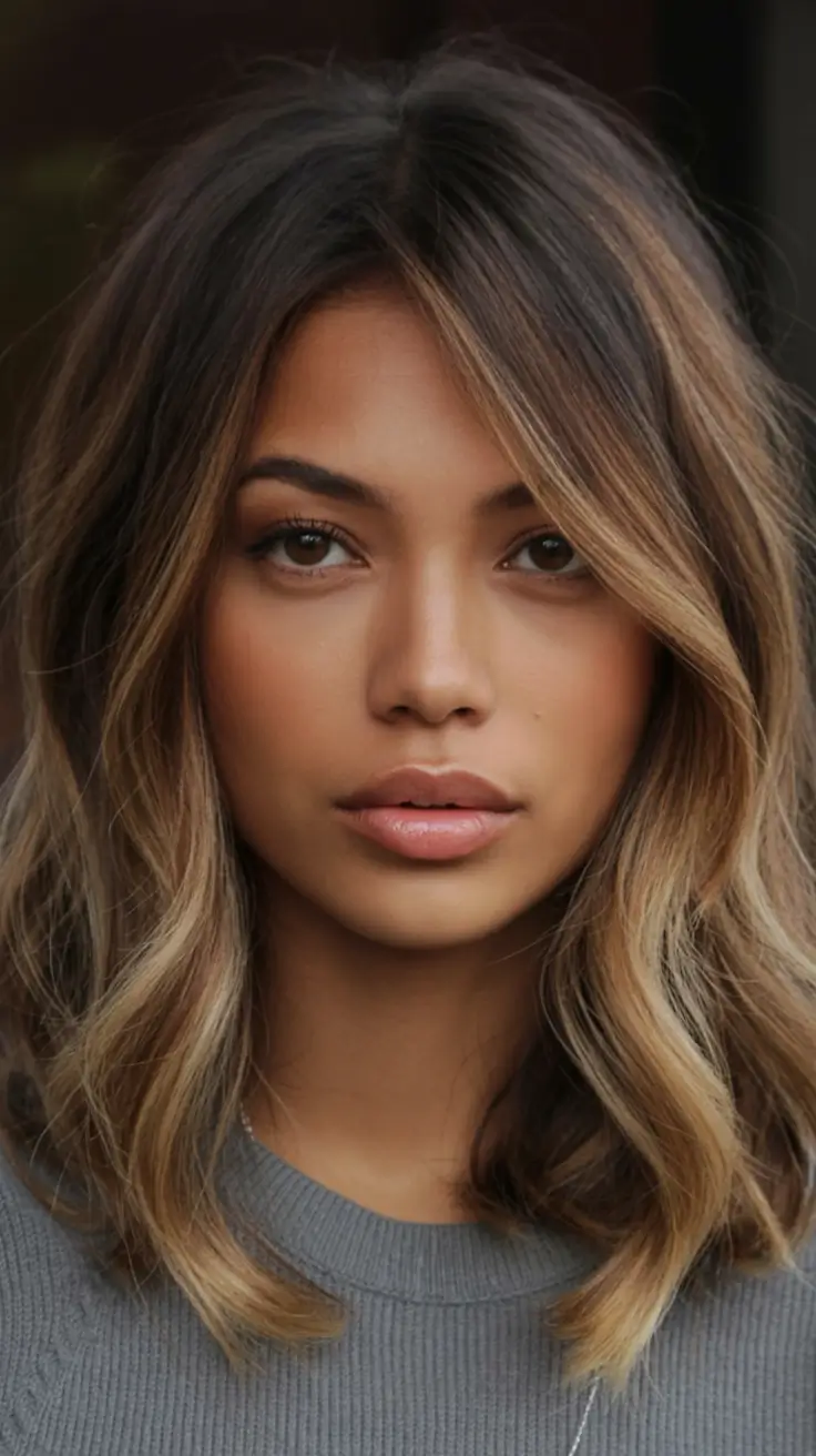 bold spring hair color for warm skin tone 2026 Soft Honey Balayage with Rounded Mid-Length Waves