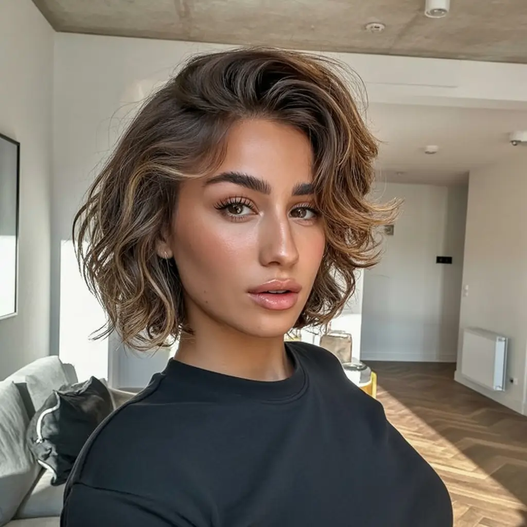 bold spring hair color for warm skin tone 2026 Textured Chestnut Bob with Sunlit Ribbons