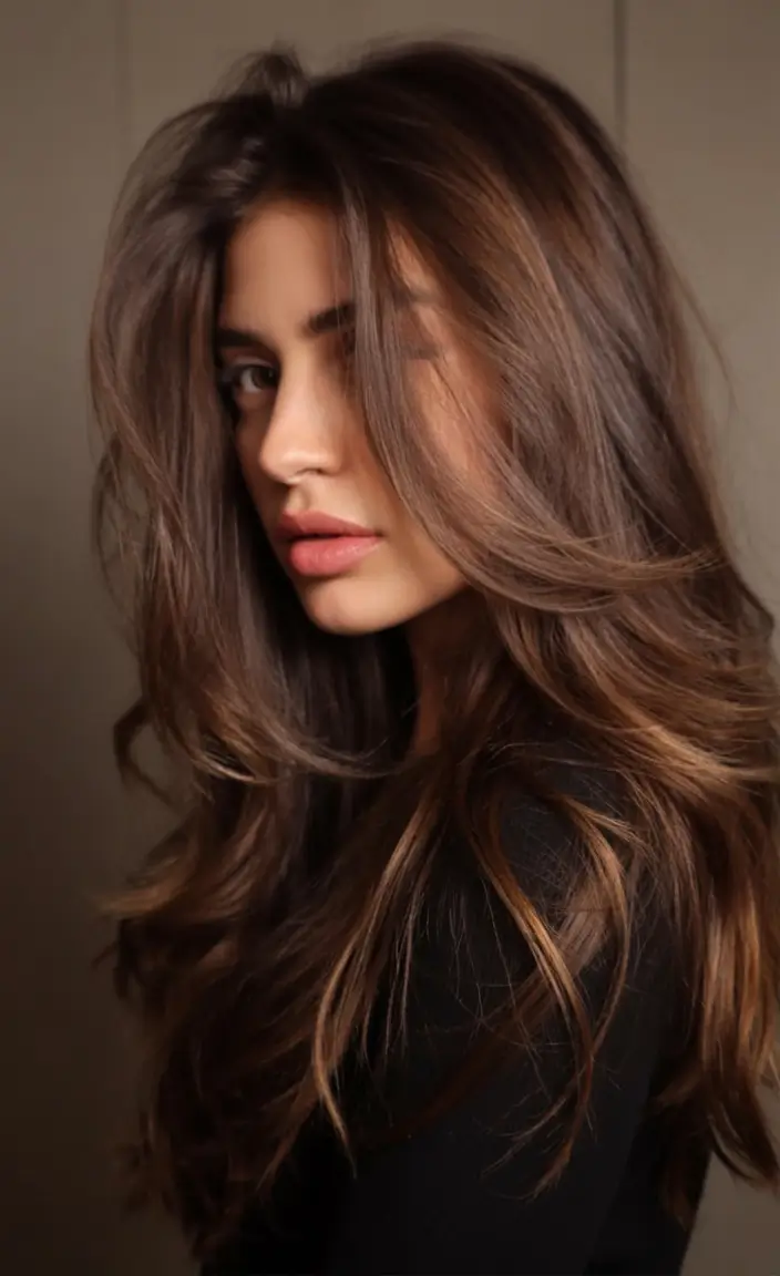 bold spring hair color for warm skin tone 2026 Caramel-Shadow Layers with Airy Movement