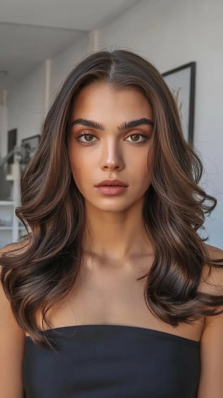 bold spring hair color for warm skin tone 2026 Glossy Espresso Blowout