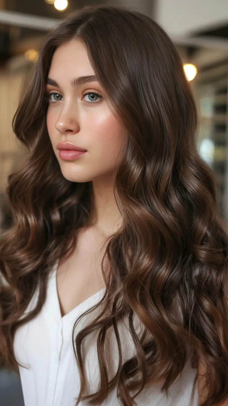 bold spring hair color for warm skin tone 2026 Soft Walnut Waves with Subtle Luminosity