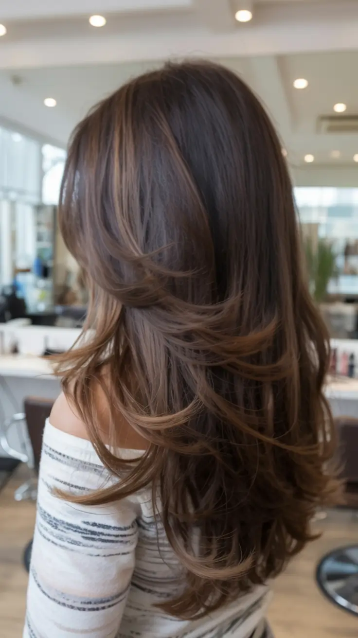 bold spring long haircut for 2026 Chocolate Ribbon Layers With Airy Salon Movement