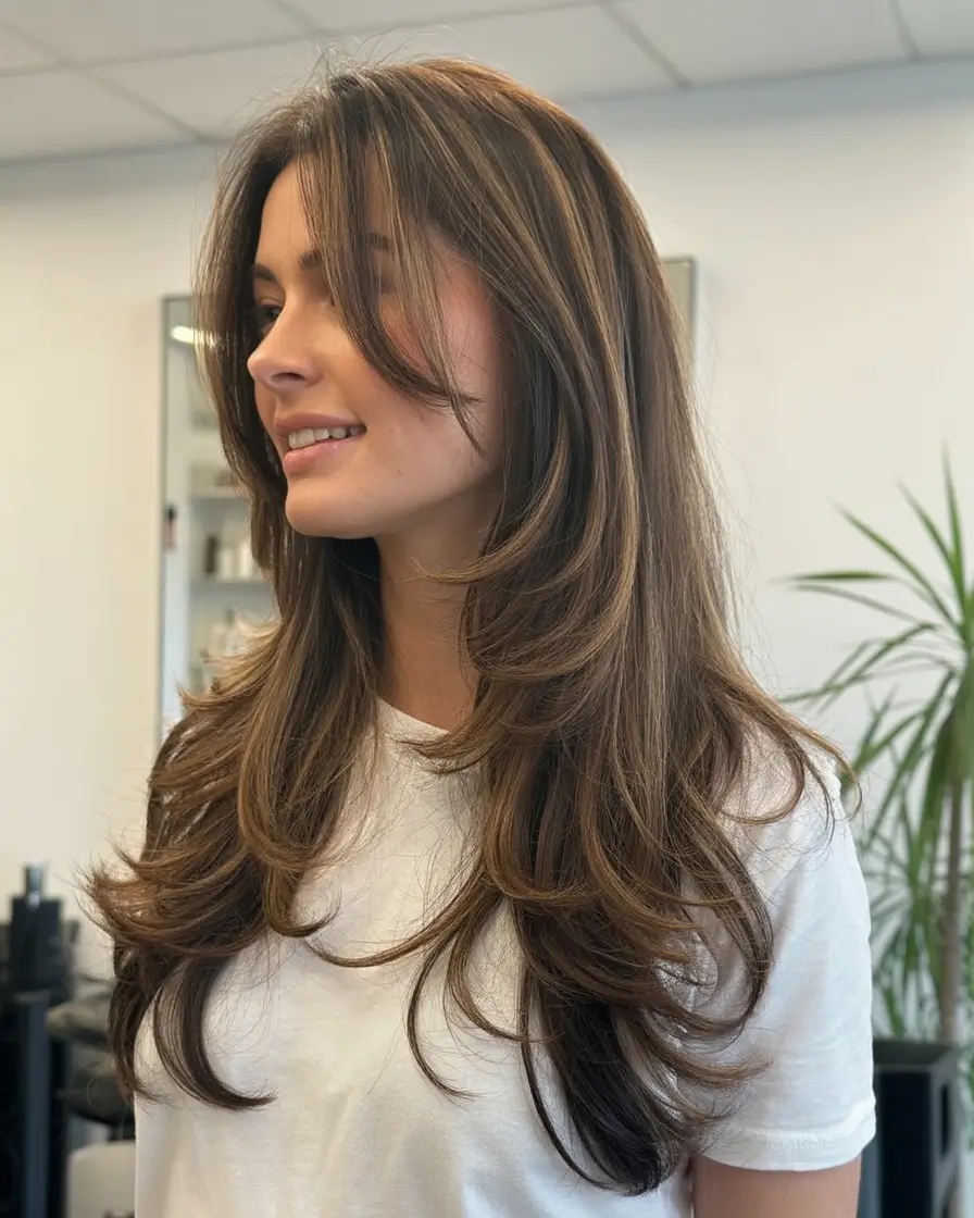 bold spring long haircut for 2026 Layered Chestnut Volume With Soft-Grazing Bangs
