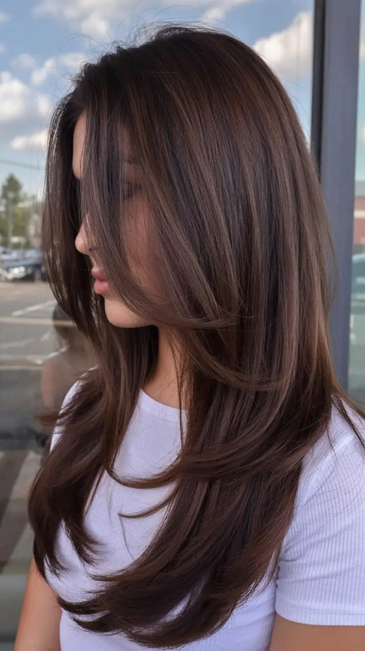bold spring long haircut for 2026 Deep Brunette Swoop Layers With Effortless Lift
