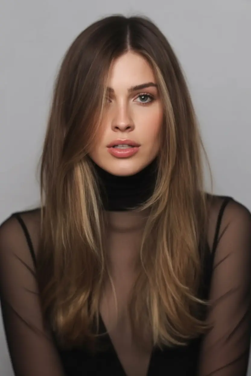 bold spring long haircut for 2026 Polished Chocolate-Blonde Layers with Refined Contour