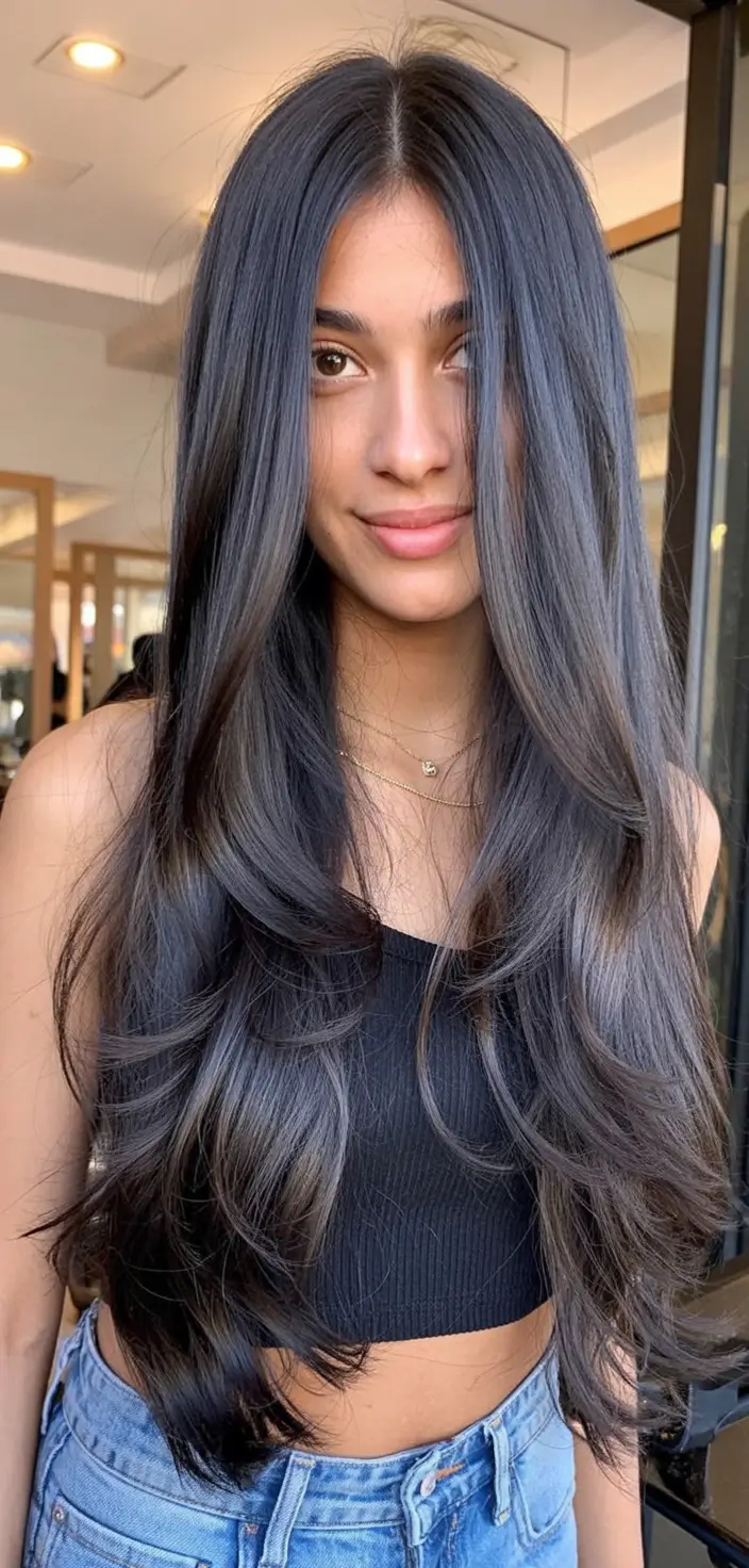 bold spring long haircut for 2026 Midnight Gloss Layers With Sculpted Volume