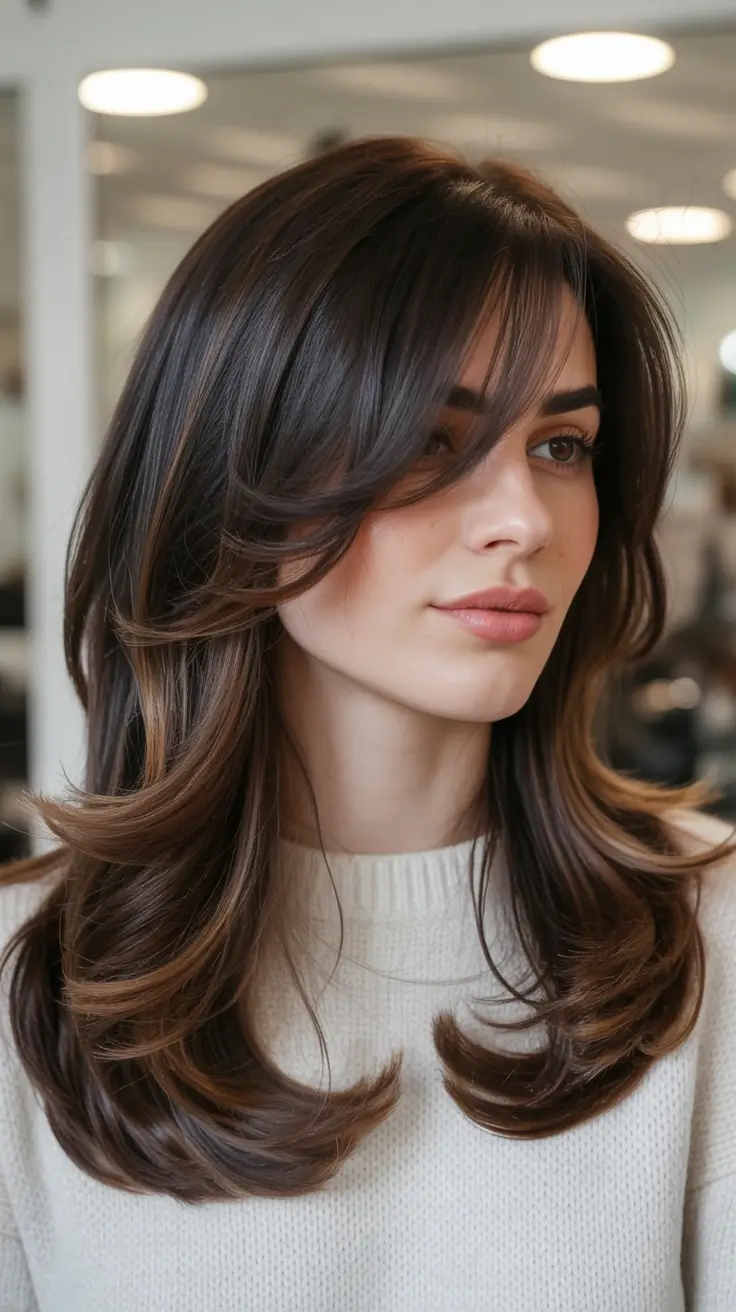 bold spring long haircut for 2026 Layered Chestnut Ends With Polished Spring Lift